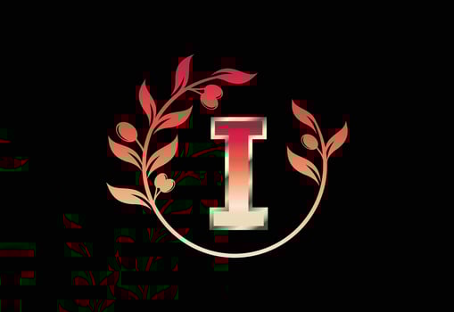 Initial letter I sign symbol with olive branch wreath, Round floral frame made by the olive branch vector