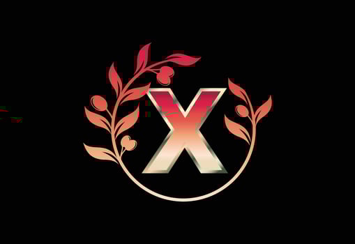 Initial letter X sign symbol with olive branch wreath, Round floral frame made by the olive branch vector
