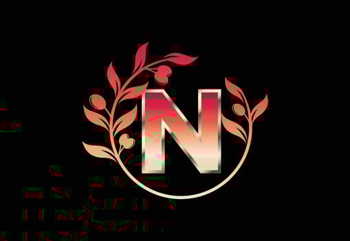 Initial letter N sign symbol with olive branch wreath, Round floral frame made by the olive branch vector