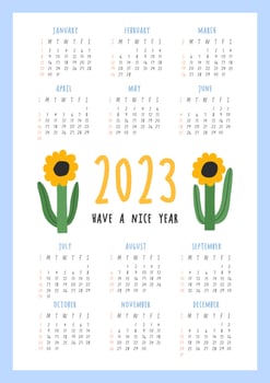 Beautiful Floral Calendar - Have a nice year - 2023. Botanical printable Vector template. Monthly calendar with hand drawn Flower for 2023 year. Bold calendar design