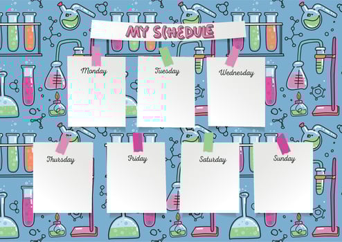 My schedule template with school science supplies in a doodle style. Microscope, test tube, planner notebook and books on a blue background.Hand drawn vector illustration. A4 CMYK printable template.