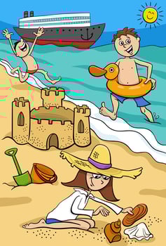 cartoon children spending their vacation on the beach vector