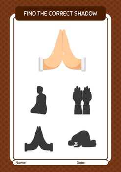 Find the correct shadows game with praying. worksheet for preschool kids, kids activity sheet vector