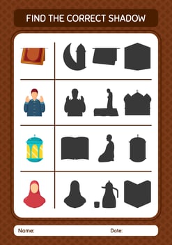 Find the correct shadows game with ramadan icon. worksheet for preschool kids, kids activity sheet vector