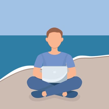Man with laptop sitting by the sea with crossed legs vector