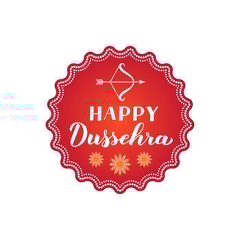 Happy Dussehra hand lettering with bow and arrow. Traditional Hindu festival vector illustration. Easy to edit template for typography poster, banner, flyer, invitation, badge, etc.