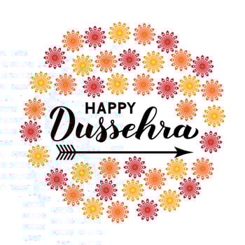 Happy Dussehra hand lettering with arrow. Traditional Indian holiday vector illustration. Easy to edit template for greeting card, typography poster, banner, flyer, invitation, etc.