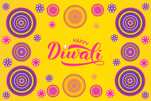 Happy Diwali design with calligraphy lettering and mandalas. Traditional Indian festival of lights typography poster. Easy to edit vector template for banner, flyer, sticker, postcard, greeting card.