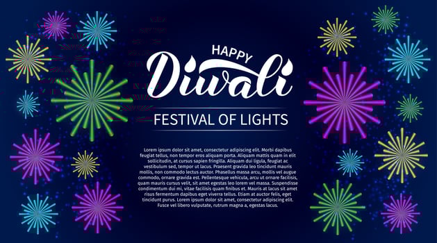 Happy Diwali calligraphy hand lettering and fireworks. Traditional Indian festival of lights banner. Easy to edit vector template for poster, flyer, sticker, postcard, greeting card.