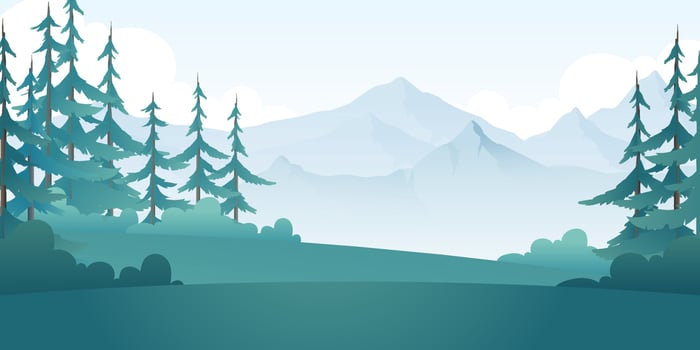 Landscape of mountains and pines. Cartoon mountain scenery vector illustration.