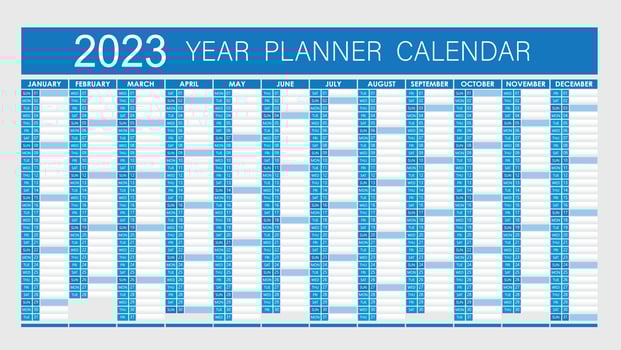 2023 Year Planner - Wall Planner Calendar Blue  Color- Full Editable - Vector
