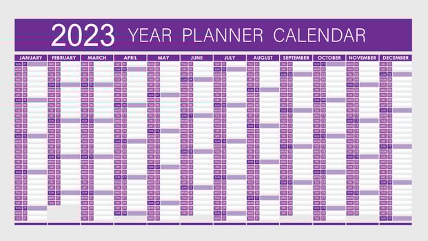 2023 Year Planner - Wall Planner Calendar Purple Color- Full Editable - Vector