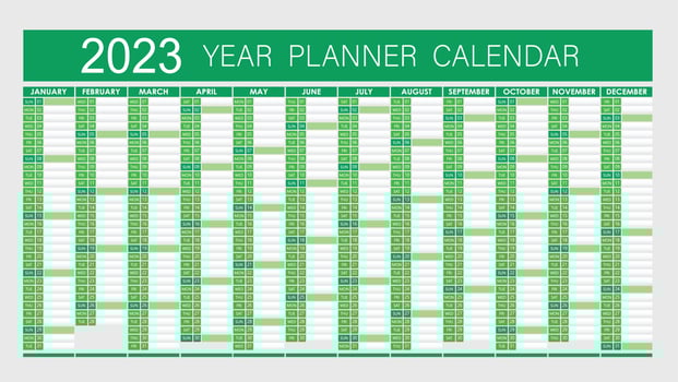 2023 Year Planner - Wall Planner Calendar green Color- Full Editable - Vector