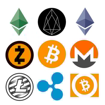 top 9 main cryptocurrency logos in color. Cryptocurrencies, an alternative financial system vector