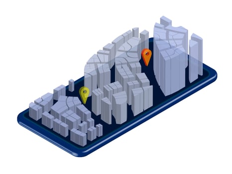 smartphone concept with city projection on screen. Smart planning of delivery routes. GPS navigation in the city. Isolated vector on white background