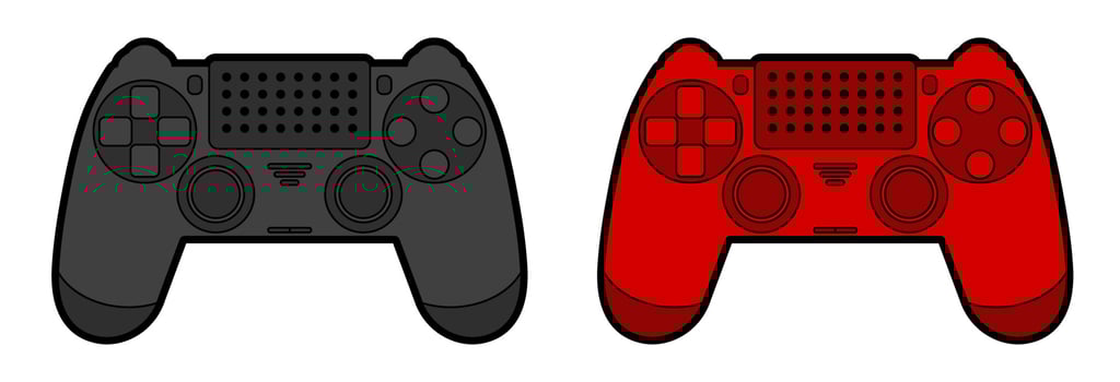 Bright red and black white icon of a wireless joystick, controller for a game console. Isolated vector on white background