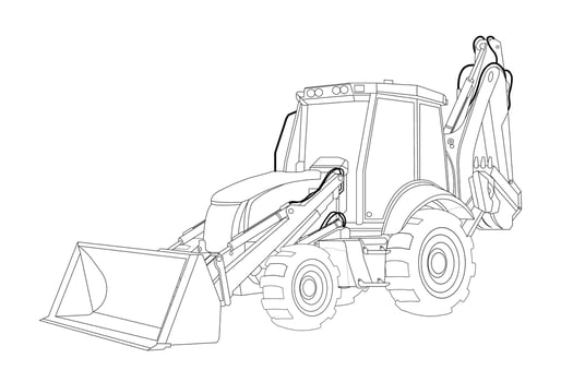 Children linear drawing for coloring. Construction equipment tractor in linear pattern. Industrial machinery and equipment. Isolated vector on white