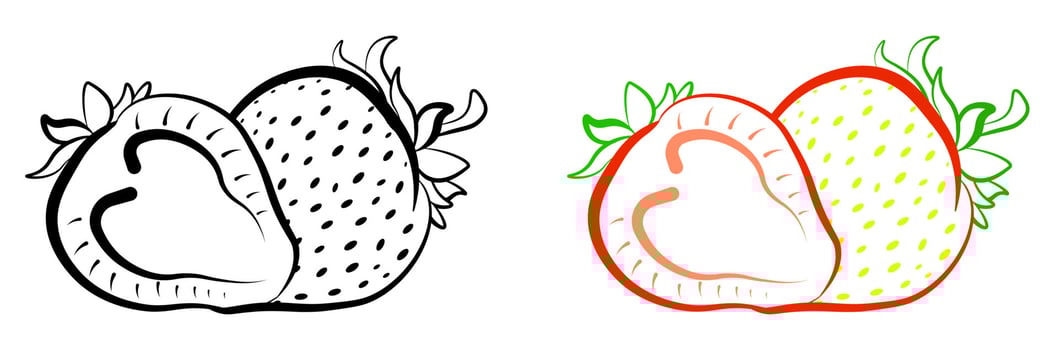 Juicy ripe strawberry whole and cutaway icon on empty background. Summer fruits and berries. Vegetarianism, vitamins, a healthy lifestyle. Isolated vector on white background