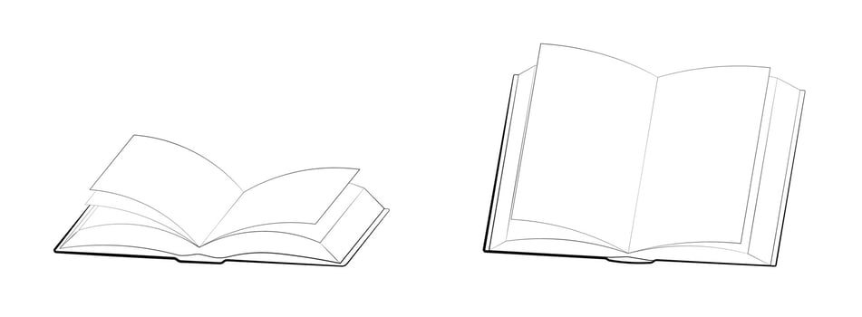 Set of icons, open books drawn in the style of freehand in various positions. Education at school and library, obtaining knowledge from literature. Isolated vector on white background