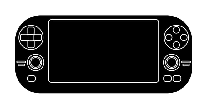black and white icon of a portable game console, controller for a game. Isolated vector on white background
