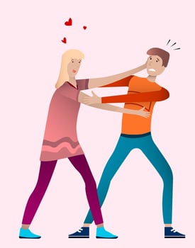girl in love reaches for a young guy to kiss him. Unrequited love. Vector illustration on the theme of love and friendship