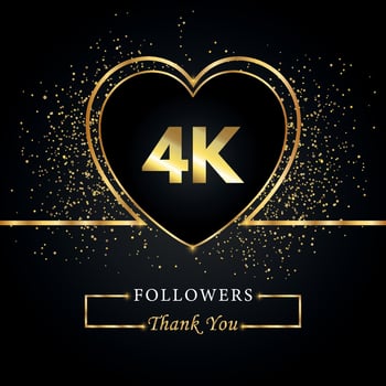Thank you 4K or 4 thousand followers with heart and gold glitter isolated on black background. Greeting card template for social networks friends, and followers. Thank you, followers, achievement. vector