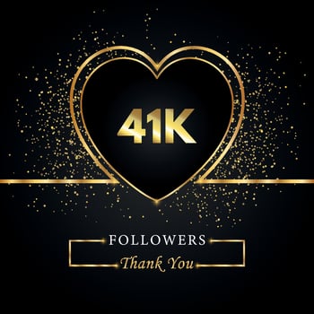 Thank you 41K or 41 thousand followers with heart and gold glitter isolated on black background. Greeting card template for social networks friends, and followers. Thank you, followers, achievement. vector