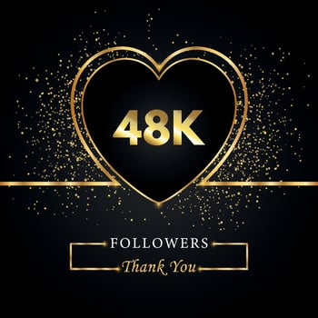 Thank you 48K or 48 thousand followers with heart and gold glitter isolated on black background. Greeting card template for social networks friends, and followers. Thank you, followers, achievement. vector