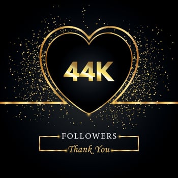 Thank you 44K or 44 thousand followers with heart and gold glitter isolated on black background. Greeting card template for social networks friends, and followers. Thank you, followers, achievement. vector