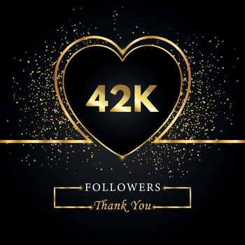 Thank you 42K or 42 thousand followers with heart and gold glitter isolated on black background. Greeting card template for social networks friends, and followers. Thank you, followers, achievement. vector