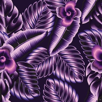 purple abstract tropical seamless pattern with banana leaves, monstera plants and foliage dark background. natural design pattern. tropical wallpaper. Floral background. Summer design. Exotic jungle vector