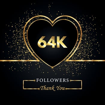 Thank you 64K or 64 thousand followers with heart and gold glitter isolated on black background. Greeting card template for social networks friends, and followers. Thank you, followers, achievement. vector