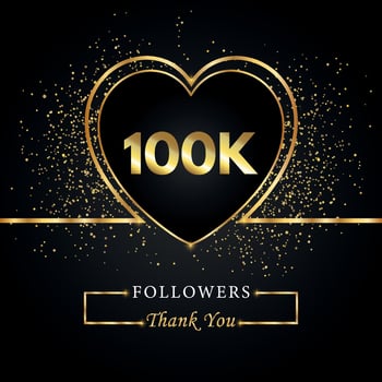 Thank you 100K or 100 thousand followers with heart and gold glitter isolated on black background. Greeting card template for social networks friends, and followers. Thank you, followers, achievement. vector