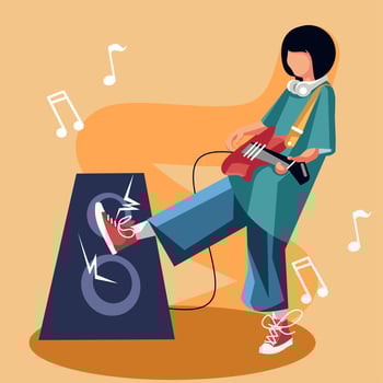 flat design, woman playing melody guitar music, vector