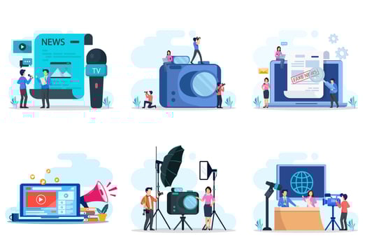 Journalist header concept. Newspaper, internet and journalism. Vector illustration in cartoon style