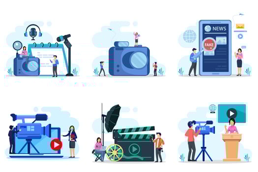 Journalist header concept. Newspaper, internet and journalism. Vector illustration in cartoon style