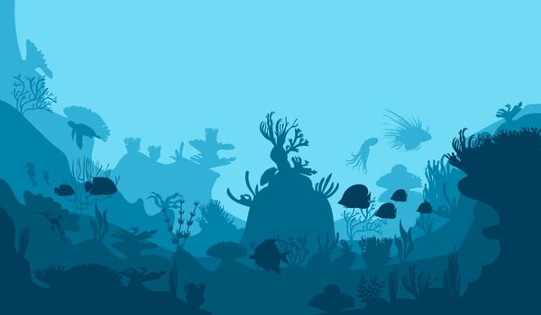underwater world. Coral reefs. Tropical sea with water mimicry and its inhabitants. Silhouette of fish. Vector. vector