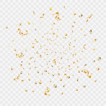 Confetti and streamer ribbon falling on transparent background. Falling shiny gold confetti. Bright golden festive tinsel. Party backdrop. Holiday design elements for web banner, poster vector