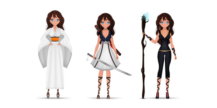 Set of anime girls superheroes. Woman in kimono with katanas. Cartoon style. Isolated. Vector. vector
