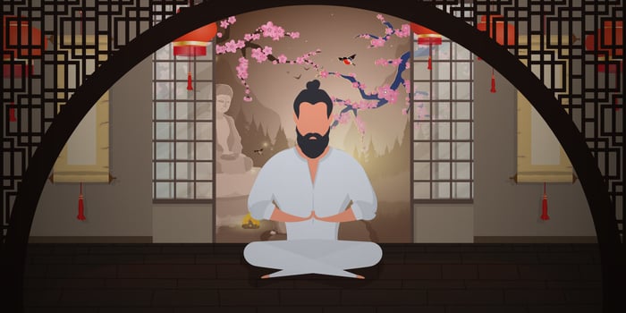 A monk meditates in a Japanese-style room. A samurai practicing meditation or yoga. Cartoon style. illustration. vector