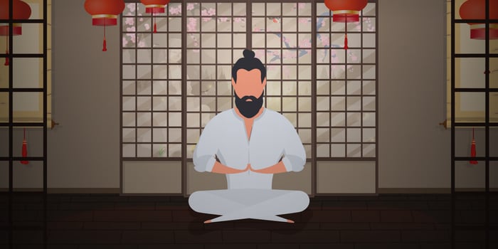 A monk meditates in a Japanese-style room. A samurai practicing meditation or yoga. Cartoon style. illustration. vector