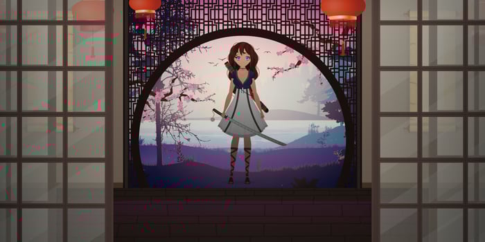 A girl with a katana in a white dress on a Japanese house viranda. Anime samurai woman. Cartoon style, illustration. vector