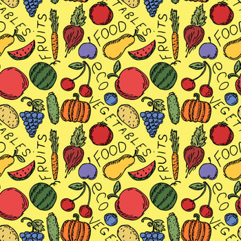 seamless vegetarian food pattern. Colored doodle vector with vegetarian food icons. Vintage food icons
