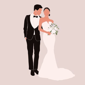 Abstract silhouette of wedding couple groom and bride. Woman with bouquet and man portrait. Invitation card. Wedding ceremony. Marriage peoplea illustration. Newlyweds poster wall print decor vector