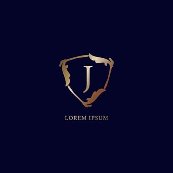 Letter J Alphabetic logo design template. Luxury metalic gold security logo concept. Decorative floral shield sign illustration isolated on navy blue backgroud. vector