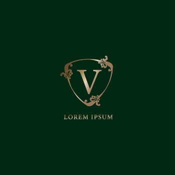 Letter V Alphabetic logo design template.  Insurance logo concept isolated on dark green background. Luxury gold decorative floral shield sign illustration. vector