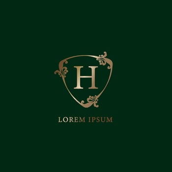 Letter H Alphabetic logo design template. Luxury gold decorative floral shield sign illustration. Insurance logo concept isolated on dark green background, vector