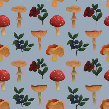Vector pattern with mushrooms and berries on a blue background