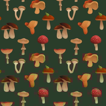 Vector pattern with mushrooms on a dark green background