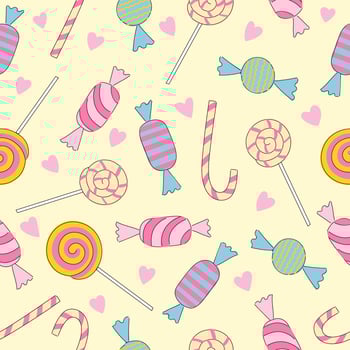 Colorful candies and hearts seamless pattern on beige background vector